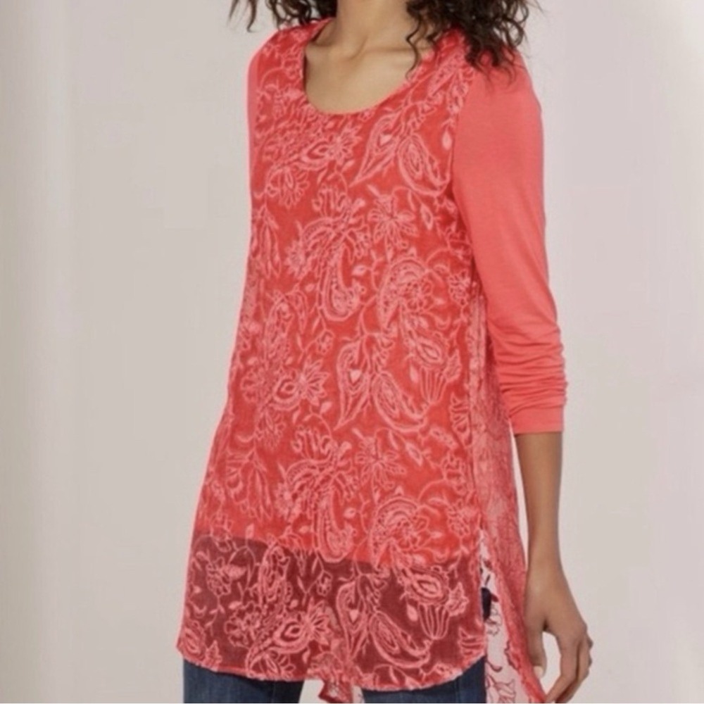 Soft Surroundings Adele Poppy‎ Pink Sheer Embroidered Floral Silk Overlay Small